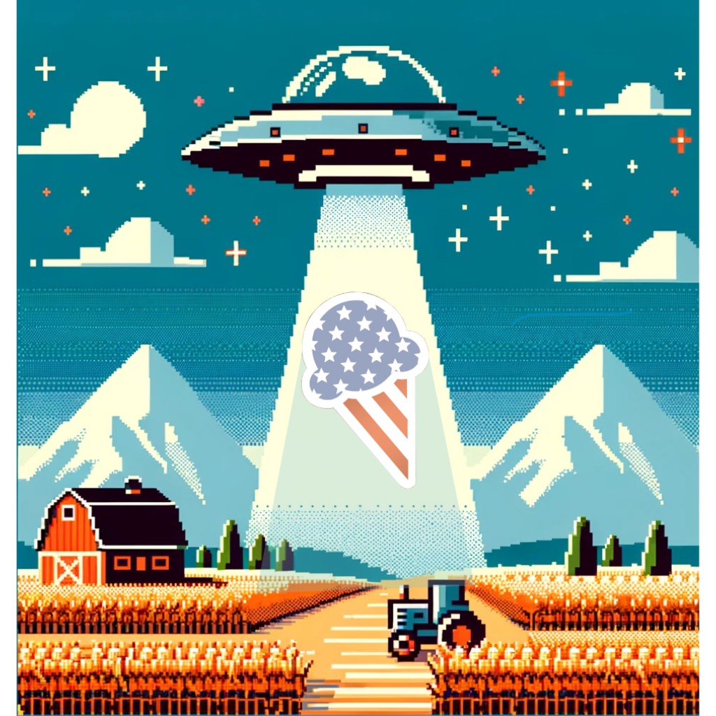 An alien space ship uses a tractor beam to abduct a cone of the Best Ice Cream in the Universe