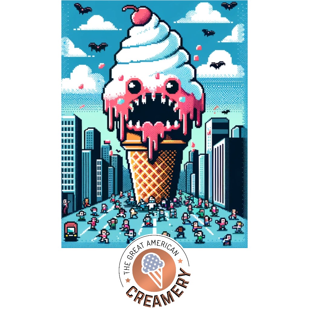 A giant ice cream cone monster invades a city, residents flee in terror