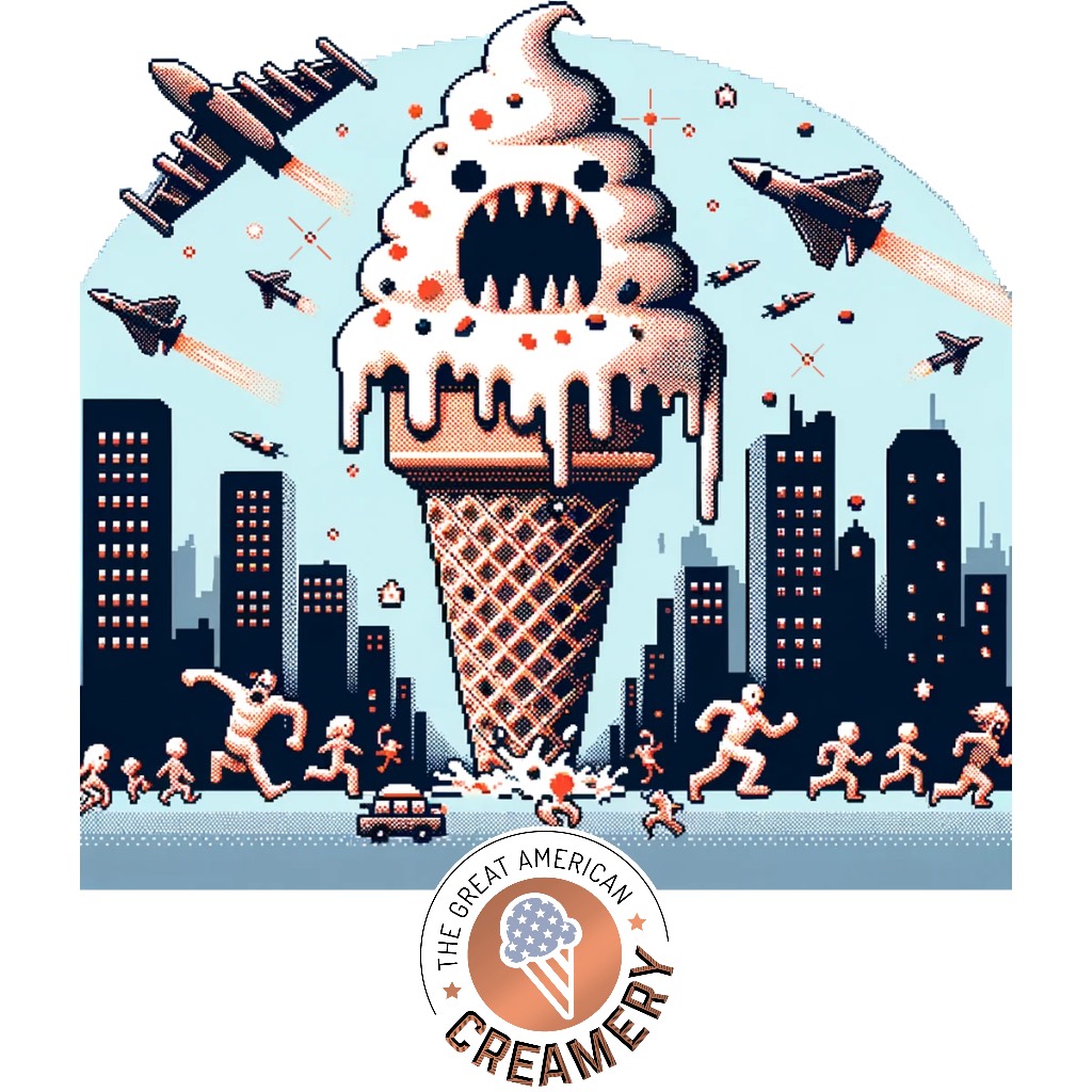 A 50 ft Ice Cream Monster attacks a city, residents flee as military strikes have no effect