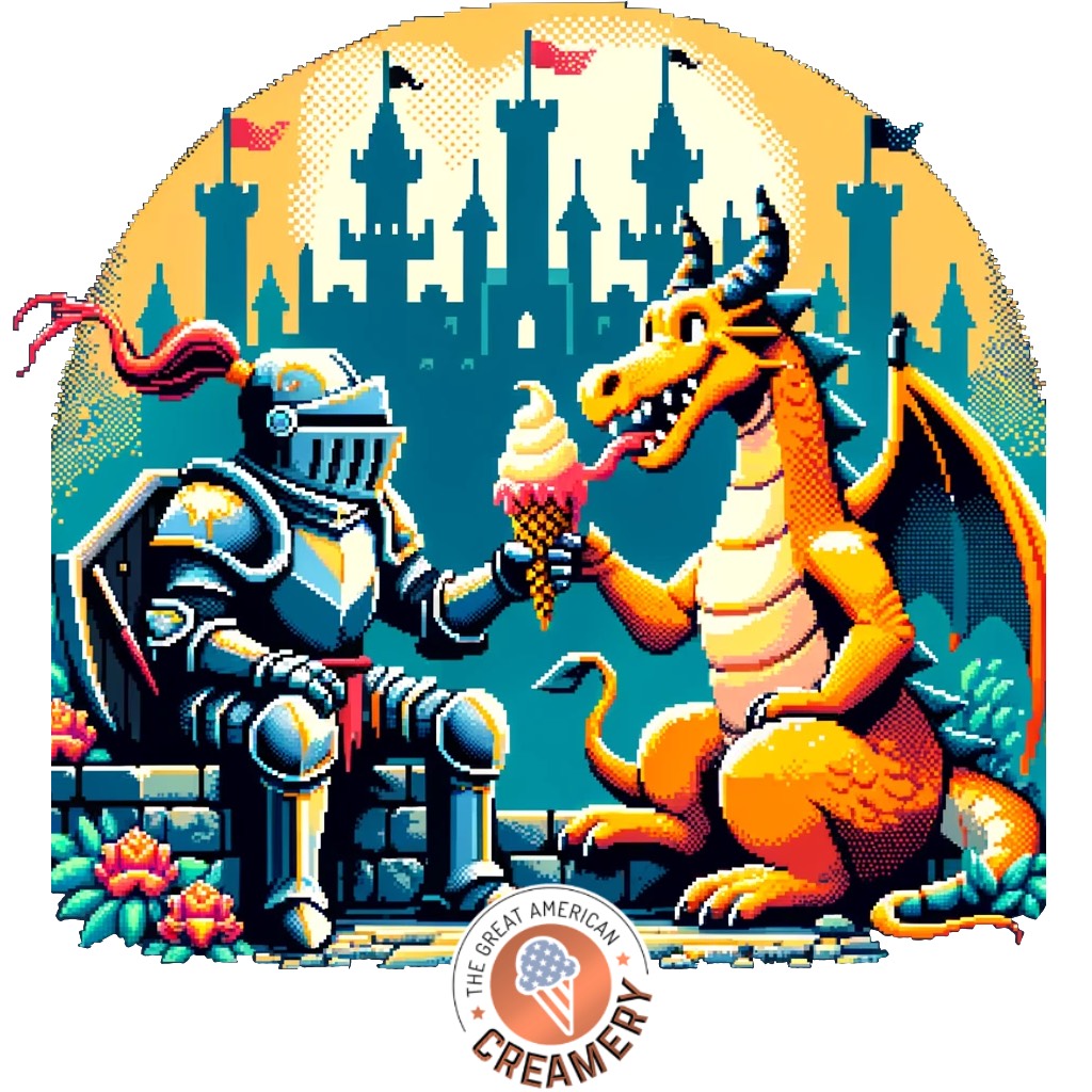 A medieval knight and a ferocious dragon share an ice cream by a medieval castle