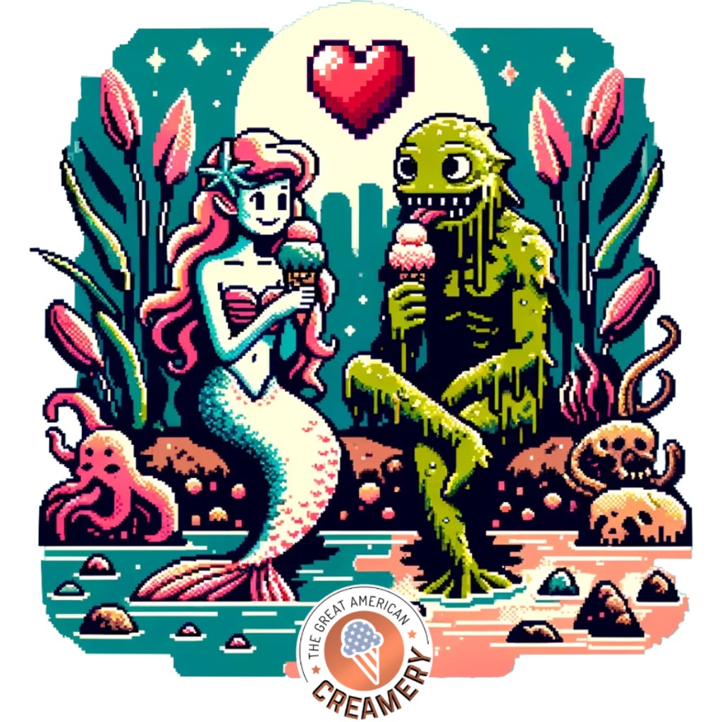 A lovely mermaid and a hideous swamp monster share an ice cream where the river meets the swamp, proving that love is blind.