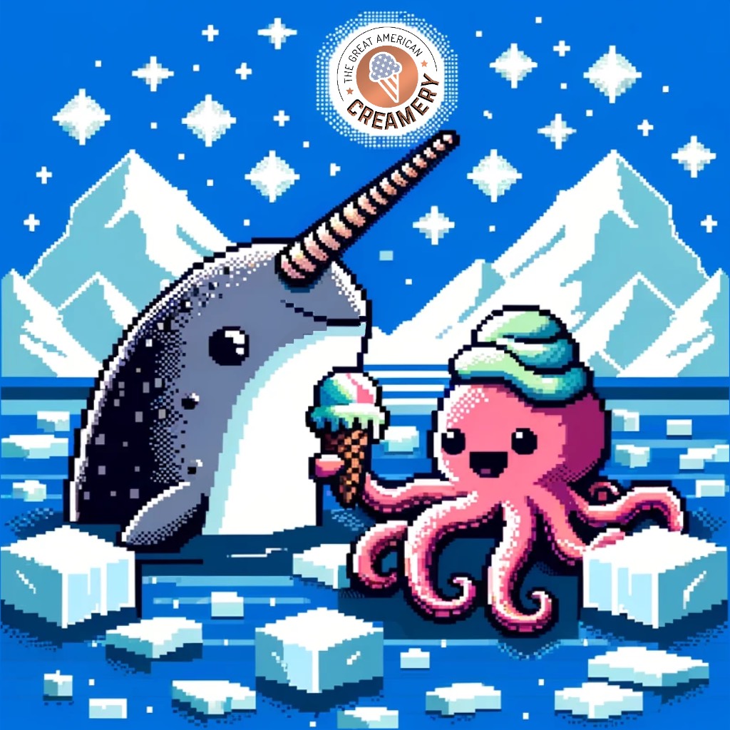 Narwal and an octopus share an ice cream in the arctic