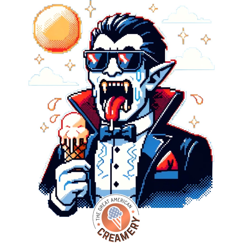 A vampire endures the scorching heat of the sun to enjoy a sweet ice cream cone