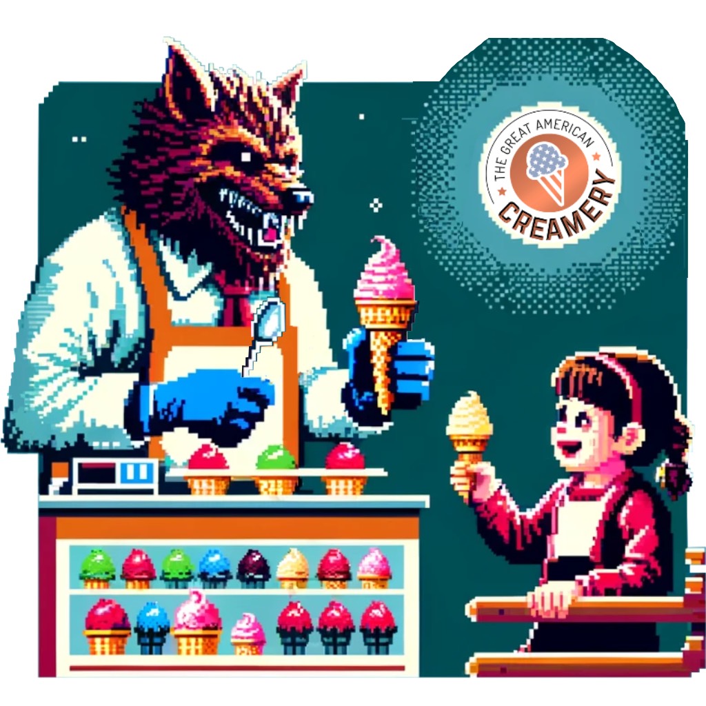 A werewolf serves ice cream to a child under the full moon